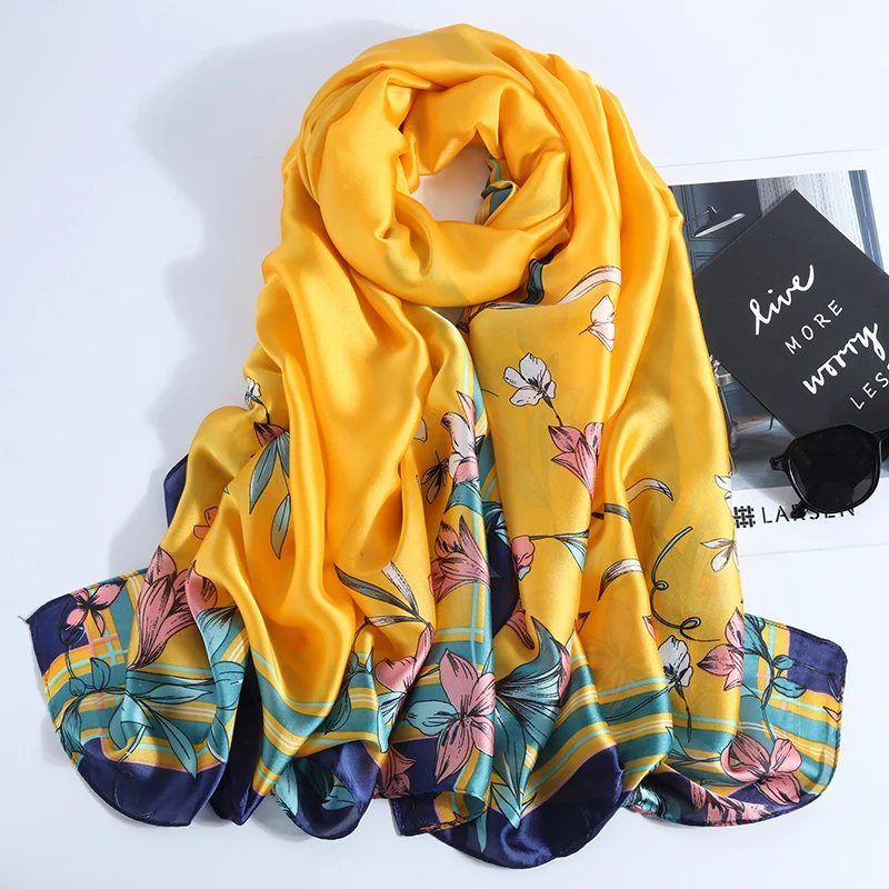 

New Design Brand Spring Autumn Winter Women Scarf Smooth Flower Long Silk Scarves Luxury Shawls and Wraps Bandana Neck Scarfs