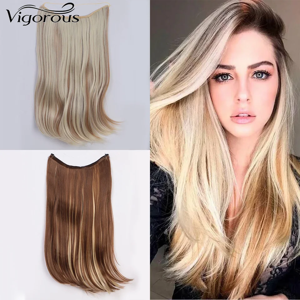 

Vigorous 20'' Invisible Wire Hair Extensions Fish Line Long Straight Real natural bend Synthetic