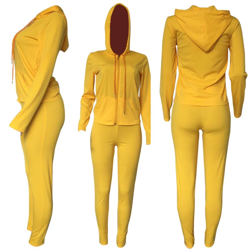 Yellow Sexy Skinny Two Piece Set Women Autumn Winter Long Sleeves Hooded Zipper Top And Full Length Pant Solid Casual Tracksuits