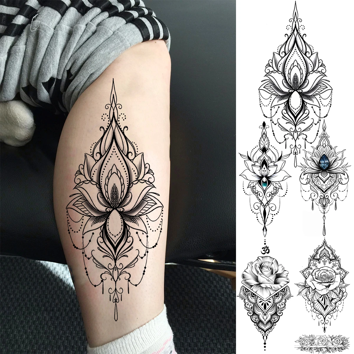 Tatouage Mollet Femme Fleur De Lotus Pendentif Lotus noir 3D, faux tatouage temporaire pour femmes, fille  adulte, fleur de Rose, à la mode, bras mollet, Art corporel, lavable |  AliExpress