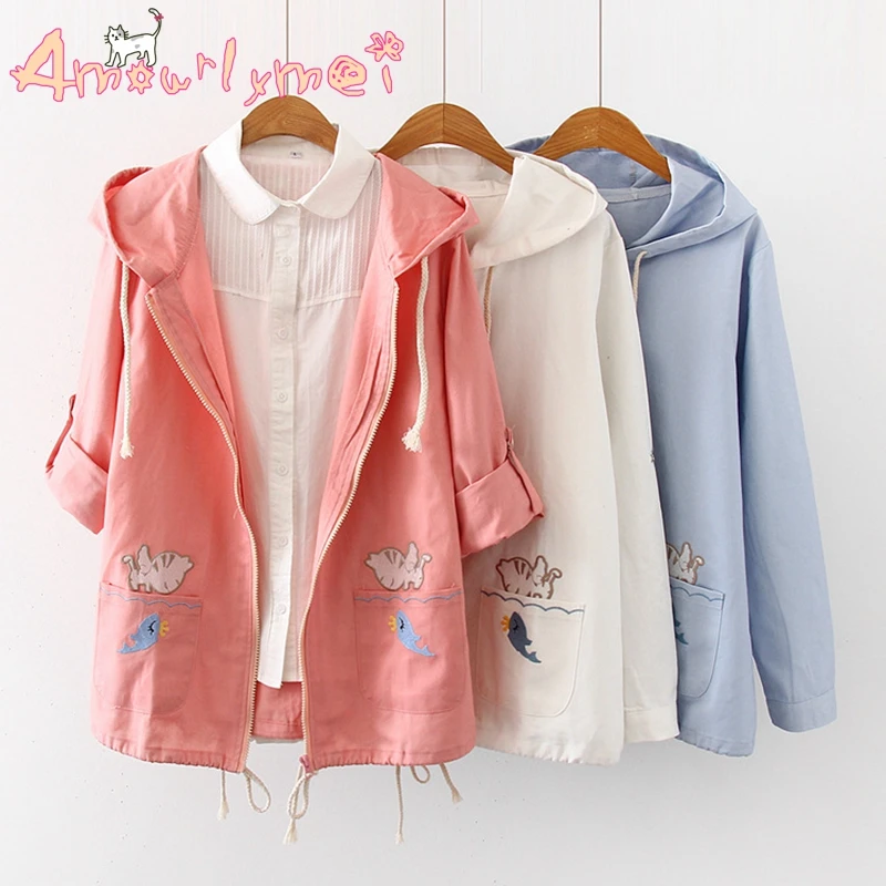 

Spring Autumn Women Jacket Coat Japanese Mori Girl Cute Cartoon Embroidery Pocket Long Sleeve Hooded Cotton Outerwear Female