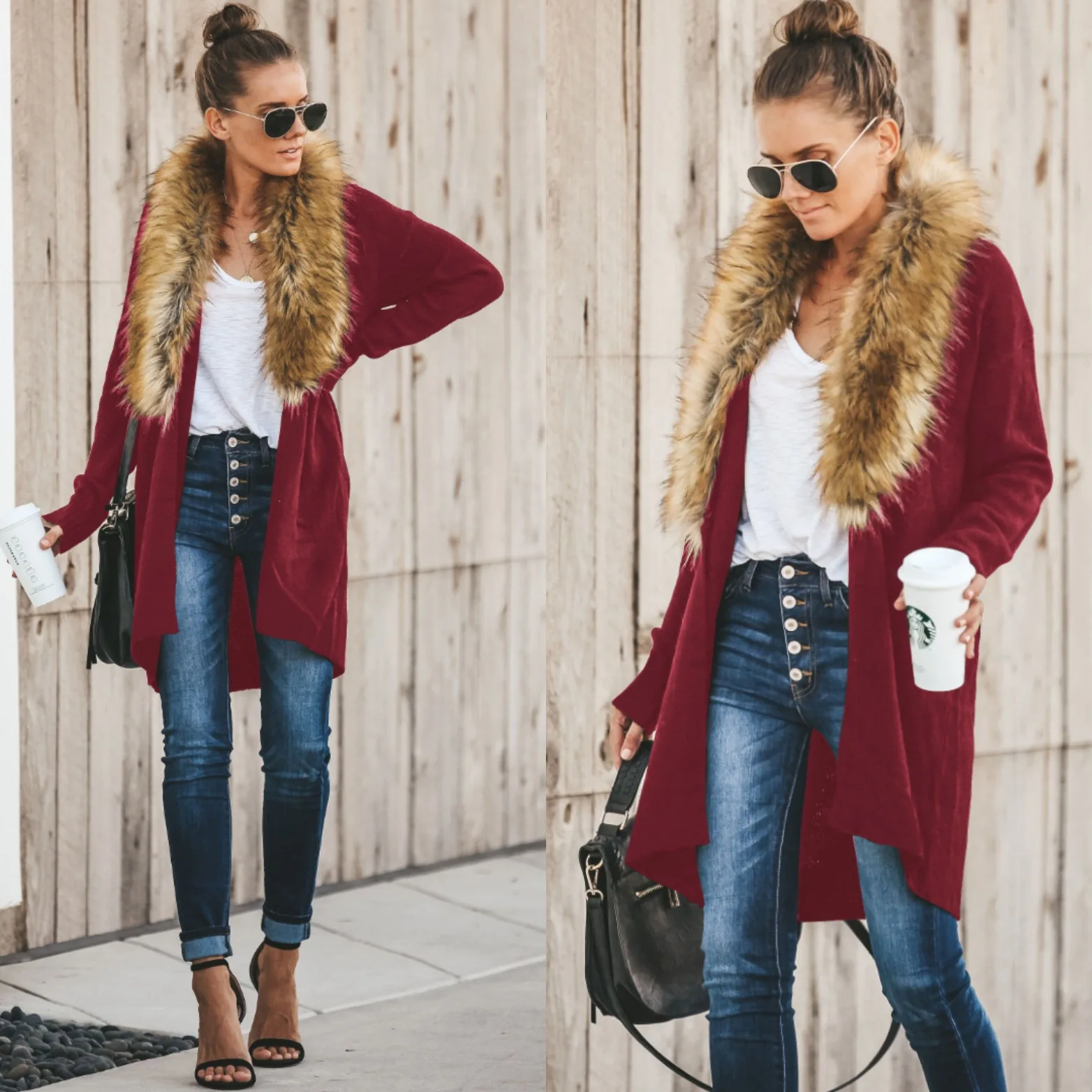 ZOGAA Women Fur Collar Cardigan Sweater Poncho Capes Femme Autumn Winter Long Sleeve Wool Knitted Irregular |