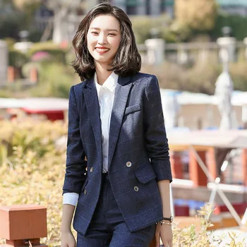 

Temperament Women Suit Casual Plaid Female Blazer Pants Sets Casual Double Breasted Bussiness Pant Suits Big Size