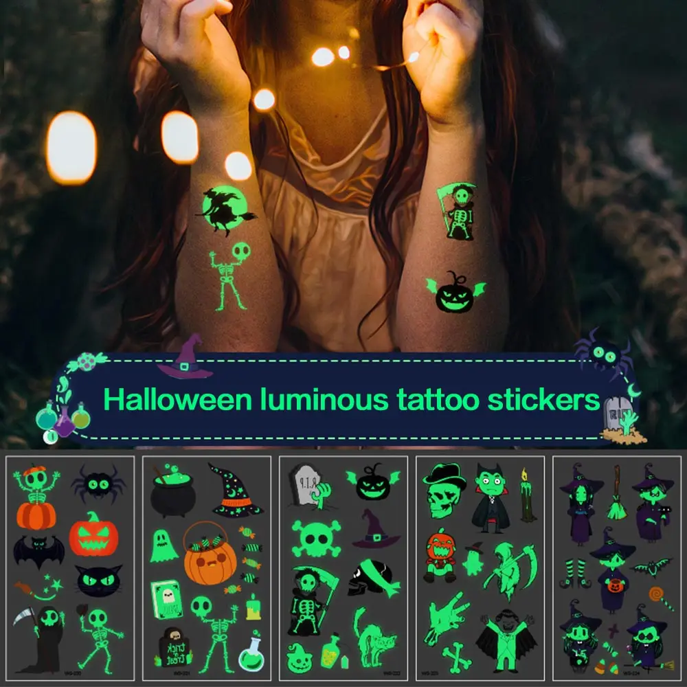

Halloween Luminous Tattoo Sticker Ghost Taty For Kids Fake Tattoo Witch Glowing in Dark Waterproof Temporary Tattoo Stickers