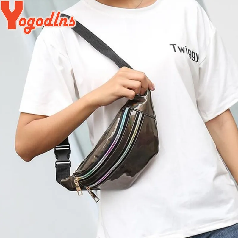 Yogodlns Fashion Glossy Laser Pack with Adjustable Strap Women Sports Crossbody Bag Double Zipper Bag Purse for Girl