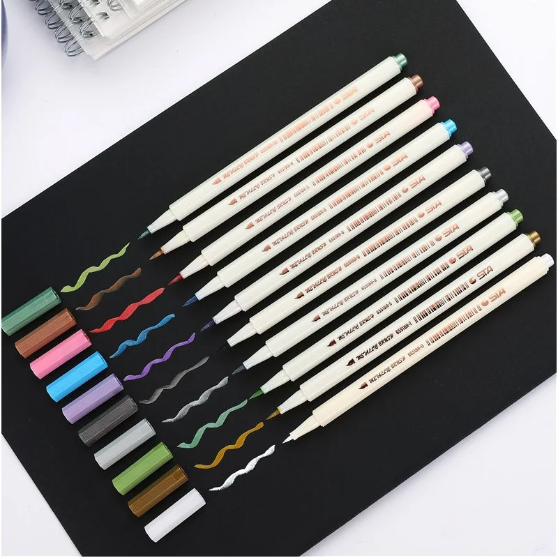 

STA 10pcs Metallic Color Brush Marker Pen Set Soft Painting Drawing Hand Lettering Calligraphy School Home DIY Art Supplies F965