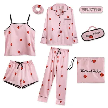 

Strawberry Print 7pcs Pajamas Sets Women Sleepwear Silk Satin Pajamas Pyjamas Set Long Sleeve Winter and Summer Full Pajamas Set
