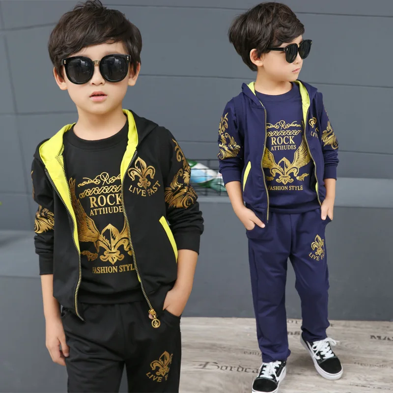 

CHILDREN'S Suit Eagle Three-piece Set 2019 New Style Big Boy Printed Vest Hoodie Gold Velvet Three-piece Set