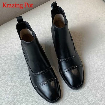 

krazing pot vintage genuine leather med heel metal rivets-studded Chelsea boots handmade Limited customization ankle boots l20