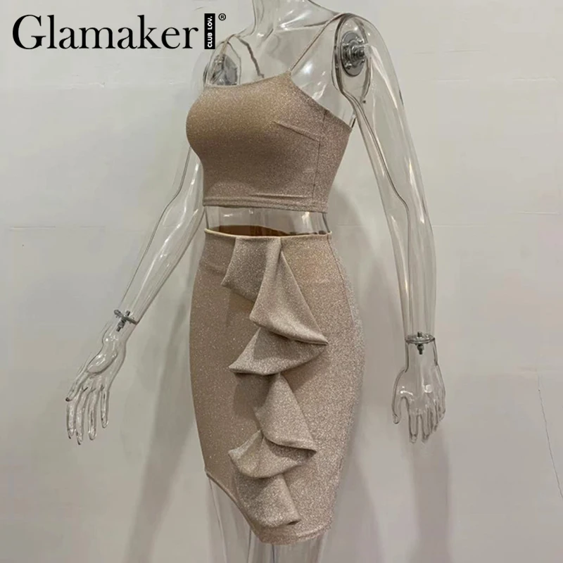 Glamaker, Трикотажный костюм из двух частей, облегающее платье, женское платье на бретельках, в стиле пэчворк, с оборками, мини-платье, женское, Осень-зима, сексуальное платье