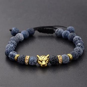 

Weathering Stone Leopard Head Beaded Bracelets For Men Natural Stone Tiger Eye Onyx Lava Beads Braided Bracelet Dropshipping