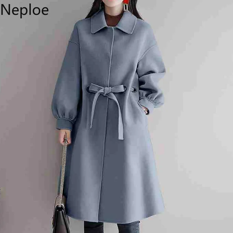 Neploe Plus Size Thicked Mid Long Winter Coat Lantern Sleeve Turn Down Collar Abrigos Mujer Slim Waist Lace Blends 46889 | Женская