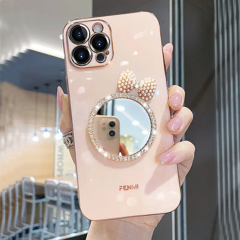 Luxury Brand 3D Makeup mirror Pearl Bow Phone Case For Iphone 12 11 Pro Max 6 7 8 Plus X XR Fashion Plating Glitter Soft Cover