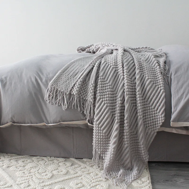 Europe Plaid Knit Air Conditioner Cover Nap blanket Comfortable warm tassel Nordic solid color Blankets for Beds Sofa black gray-5