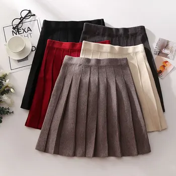 

New Autumn Winter Women MIni Knitted Skirt Korean High Waist Pleated Skirts Knit Sweater Skirt Short Spodnica Ropa Mujer Student