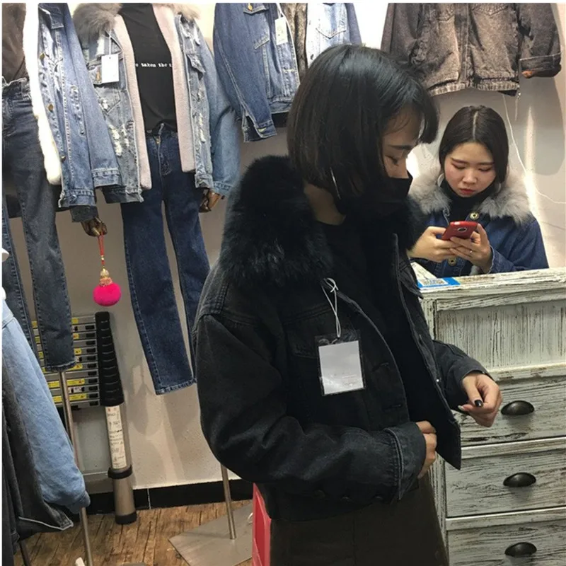 New Loose Women Denim Coat Female Real Rabbit Fur Line Denim Jacket Long Sleeve Jeans Jacket With Fur Parka Outwear Thick