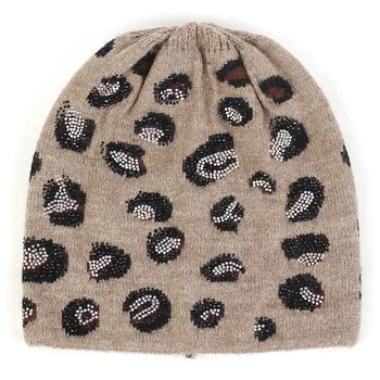 

Leopard Warm Soft Thick Female Beanie Hat Lovely Women Girls Mottled Elastic Skull Hats Winter Autumn Shiny Rhinestones Wool Sku