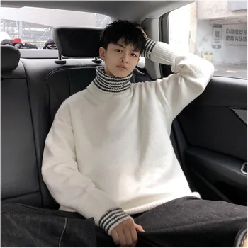 

2019 Autumn And Winter New Solid Color Wild Sweater Fashion Casual Fake Two Loose Turtleneck Pullover White / Blue / Khaki M-2XL