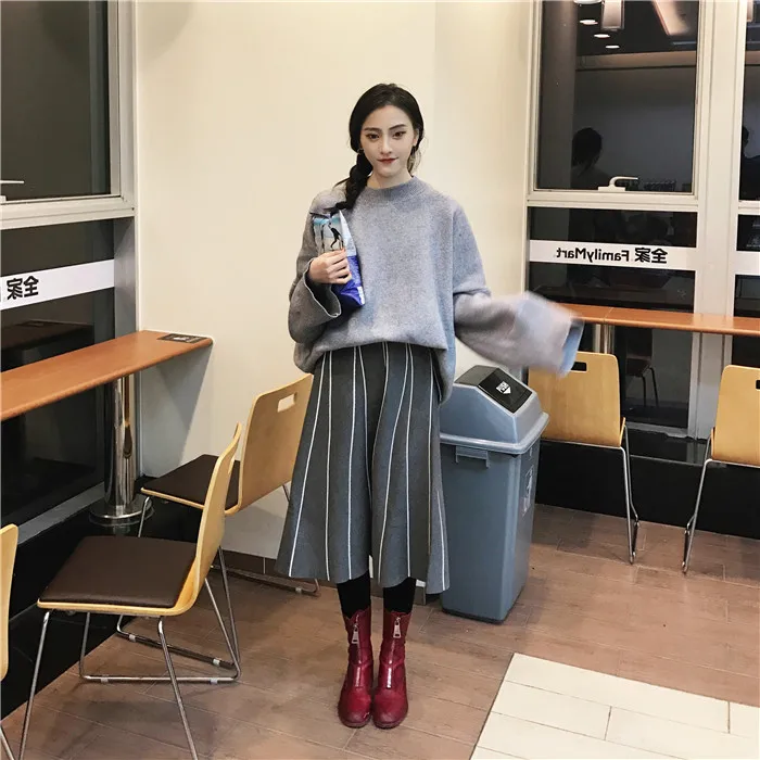 Skirts Womens Winter Vintage Striped Slim A Line High Waist Knitted Long Skirt Black Gray Fringe Skirt DF998