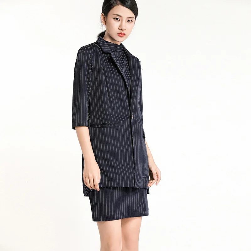 

2018 Autumn New Style WOMEN'S Dress Slim Fit Slimming Ol White Collar Elegant Short Three-quarter-length Sleeve V-neck Stripes T