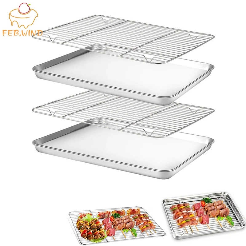 

Stainless Steel Baking Sheet Cookie Pan With Cooling Rack Metal Bakery Quarter Sheet Pan Nonstick Jelly Roll Pan For Oven 110