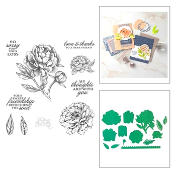 

2020 New Hot Plant Peony Flower Leaf Embossing Word Love Thanks Stamps and Metal Cutting Dies For Scrapbooking Card Foil Making