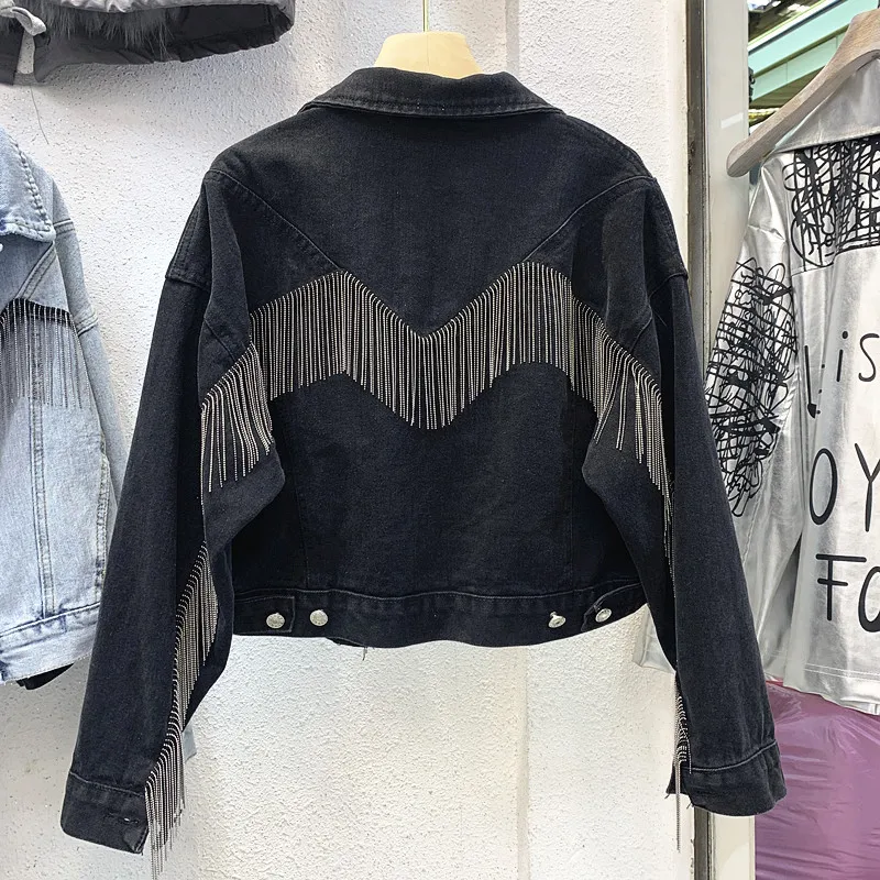 

Denim Short Jacket Women's 2020 Spring Fall New Chains Fringe Loose High-Waist Jeans Top Female Black Jean Coats Students Coat
