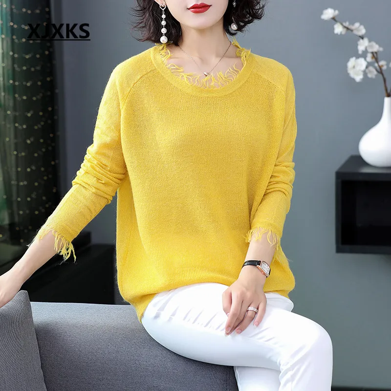 

XJXKS Fashion fringed women sweater 2019 autumn winter new high quality comfortable casual wool knitted sweater women pullover
