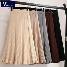 Vangull Женская трикотажная юбка с рыбий хвостом Зимняя шерстяная юбка с высокой талией Высококачественная драпированная элегантная новая шерстяная смесь свободная Однотонная юбка