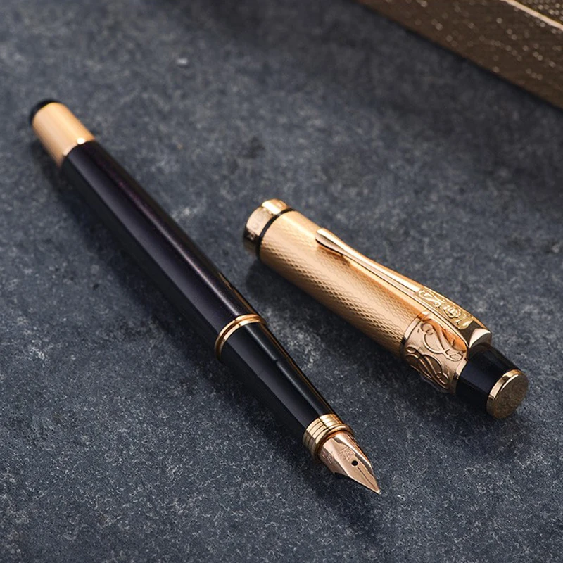 New Arrival Hero 200B 14K Gold Collection Black Fountain Pen Golden Carved Cap Fine Nib 0.5mm For Office & Home With Gift Box