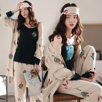 

Loose Large Women's Pajamas Sets 3 Pieces Home Service Cotton Sexy Pajamas Long Sleeve And Pants Autumn Soft Nightwear Clothing