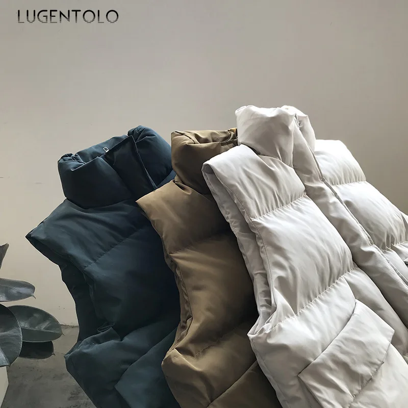 Lugentolo, женский жилет, корейское зимнее пальто, без рукавов, свободные, простые, одноцветные, на молнии, на пуговицах, с карманами, модные, женские, Осенние, теплые жилеты
