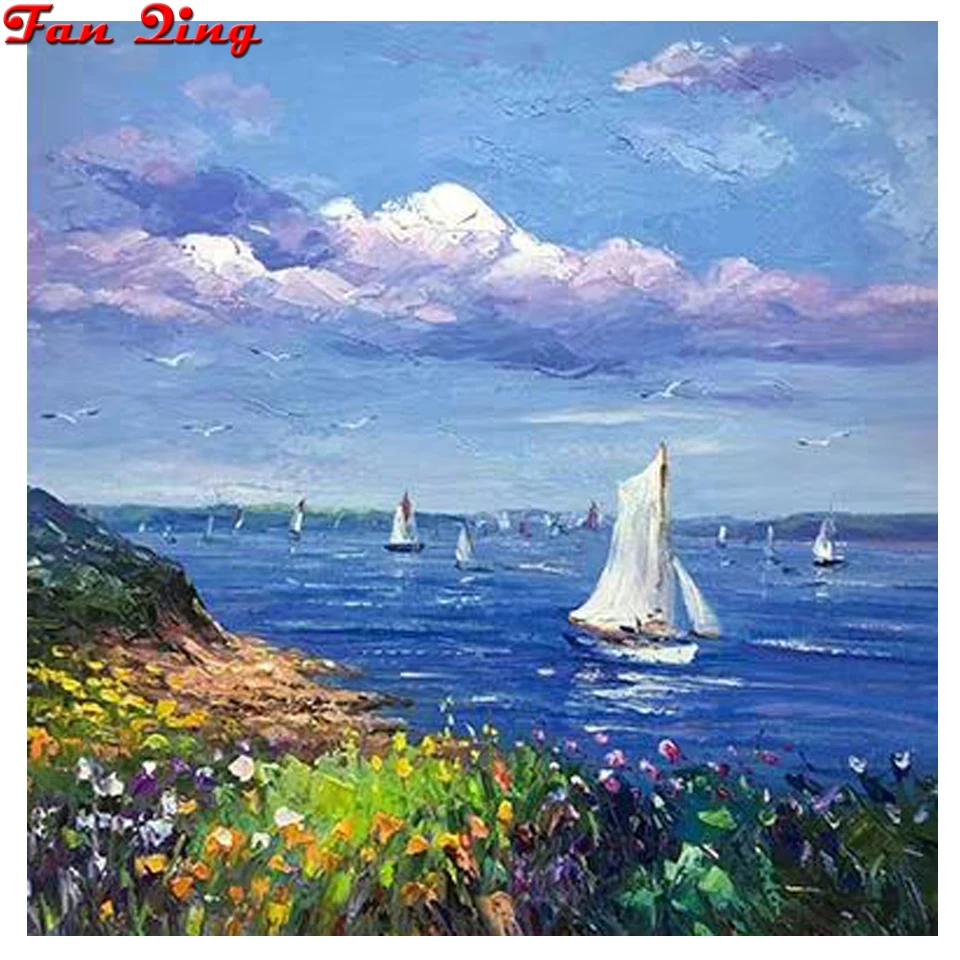 5D DIY Diamond Embroidery Sailboat/ Seascape Painting Cross Stitch Mosaic Rhinestone Decoration | Дом и сад