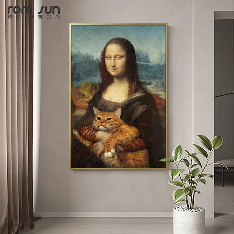

Modern Style Mona Lisa and Fat Cat Canvas Painting Wall Art Picture for Living Room Home Decor Art Painting Pictures for Asile
