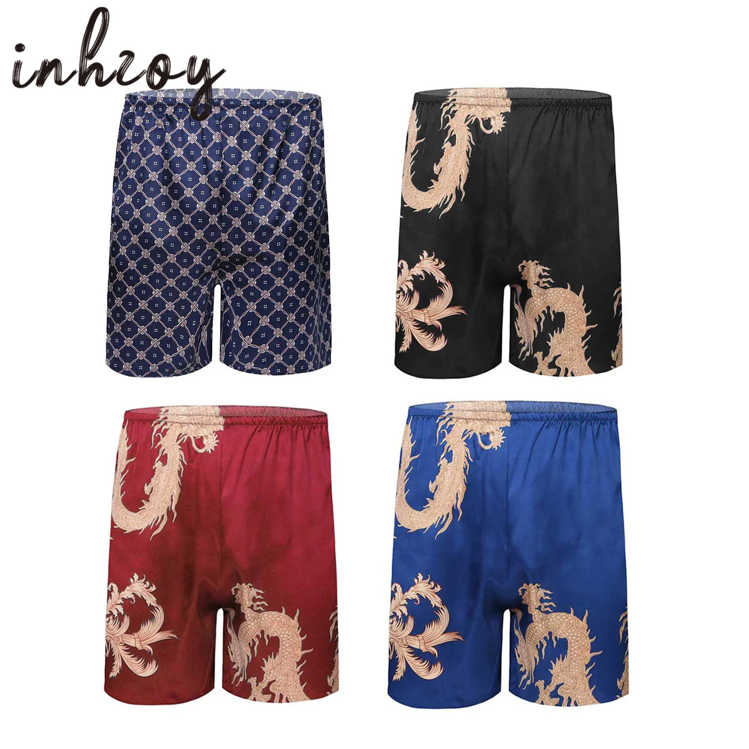 Mens Satin Boxer Shorts Sleepwear Dragon Printed Silk Nightwear Underpants