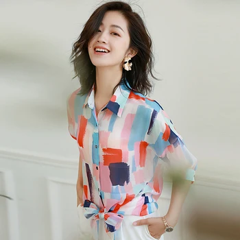 

100% Silk Blouse Women Shirt Patchwork Printed Elegant Design Plus Size Three Quarter Sleeve Top Casual Simple Style New Fashion