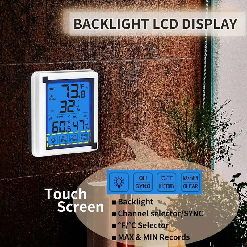 

Touch Screen Weather Station Indoor Outdoor Forecast Sensor Temperature Humidity Monitor Backlight Thermometer Hygrometer