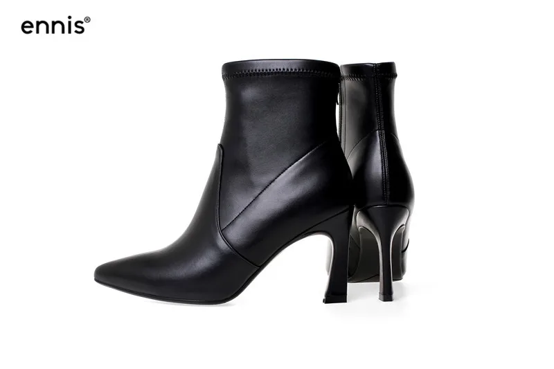 Black 8.5cm ENNIS/ г. Осенние женские ботинки обувь на высоком каблуке тянущиеся ботильоны с острым носком женские ботинки из натуральной кожи дизайнерские черные A9196 - Цвет: Black 8.5cm
