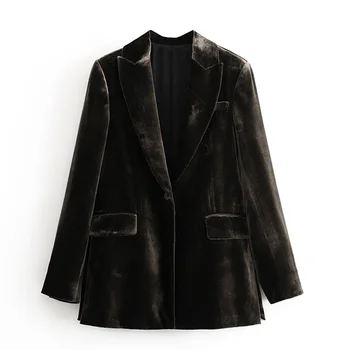 

Vintage Chic Solid Pockets Velvet Blazers Women Fashion Notched Blazer Coats Elegant Ladies Long Sleeve Suits