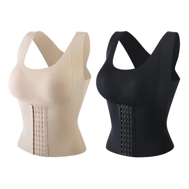 Women 4-In-1 Seanless Front Buckle Bra Wireless Push Up Padded Posture Corrector Tank Top Girdle Body Shaper Cross Back
