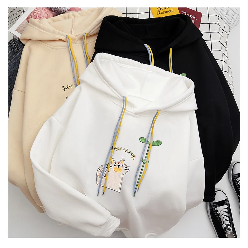 Shellsuning/зимние толстовки для женщин с принтом кота, Kawaii,, с карманом, худи, Корейская уличная одежда, мягкий, теплый, негабаритный пуловер, худи