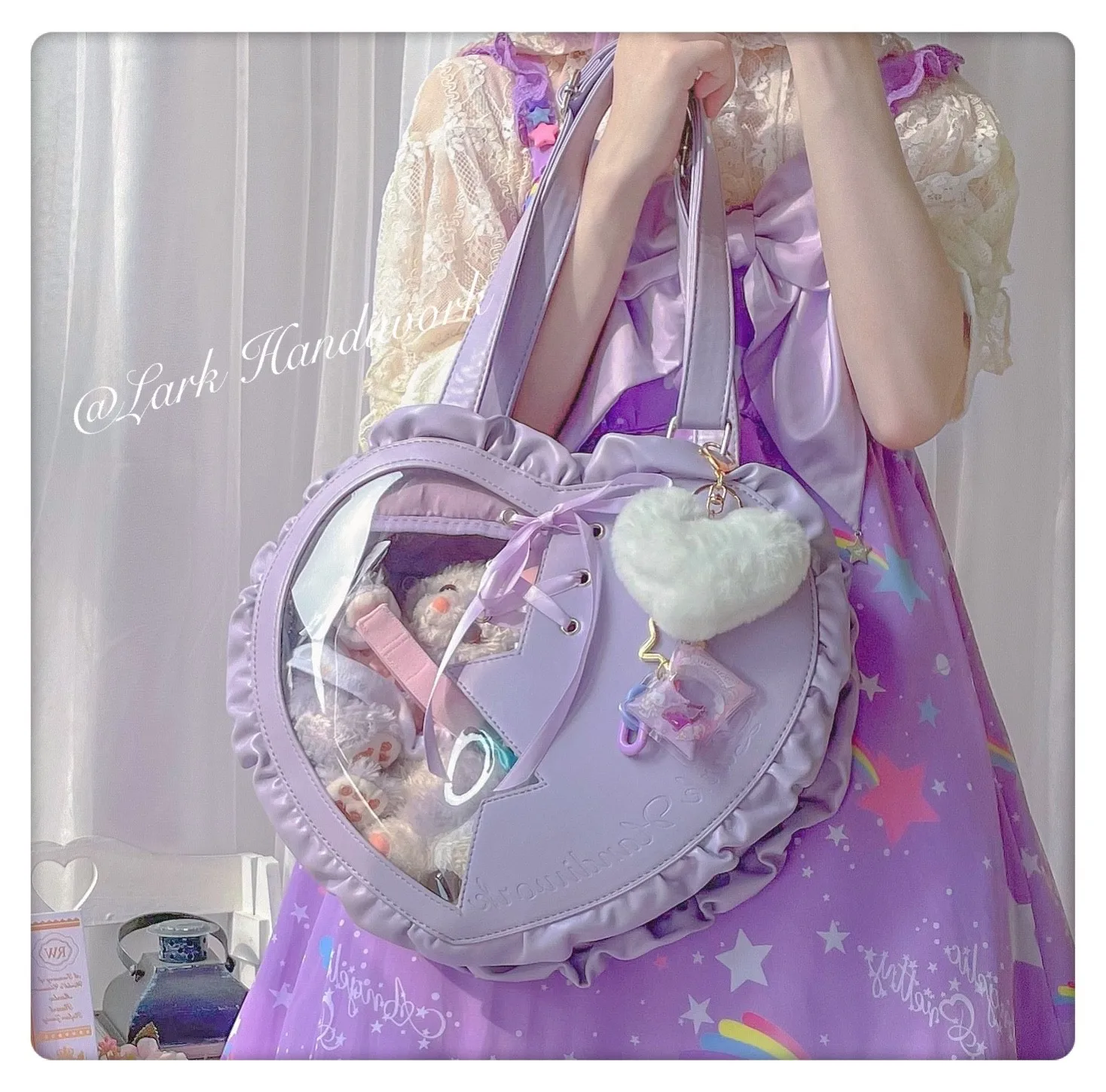 

Lovely Girl Half Heart itabag Transparency Messenger Bag Cute Women Janpanese Maiden Soft Sister JK Uniform Bag Ruffle Handbag