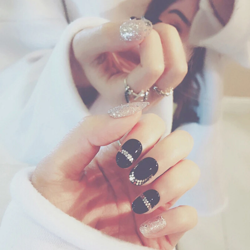 24Pcs Black Glitter False Nails Acrylic UV Gel Full Wedding Fake Nails Art Tips NEW