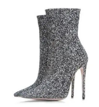 

Autumn Winter Women Sequined Cloth Ankle Boots Sexy Ladies Shoes Side Zipper Thin High Heels Pointed Toe Boots