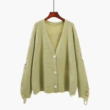 

casual hollow out women sweater and cardigan solid v-neck lantern sleeved solid loose lady elegant outwear coat tops