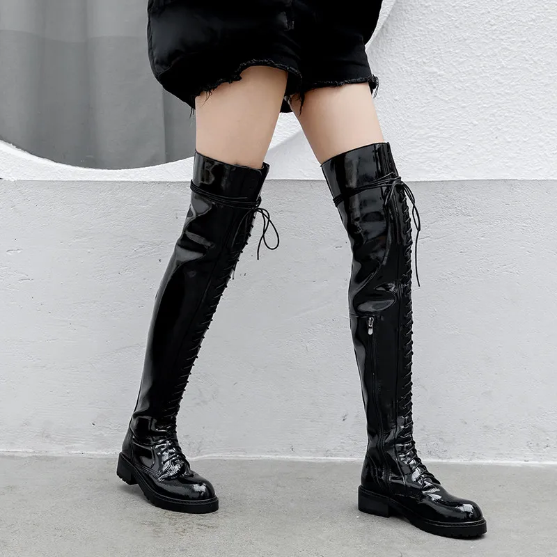 MORAZORA genuine leather shoes women thigh high boots lace up zip low heels platform shoes woman Motorcycle boots black