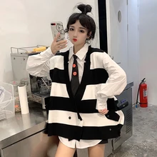 Harajuku Lazy Weater женская осенняя и зимняя одежда черно-белый полосатый свитер жилет добавить тонкие белые женские рубашки