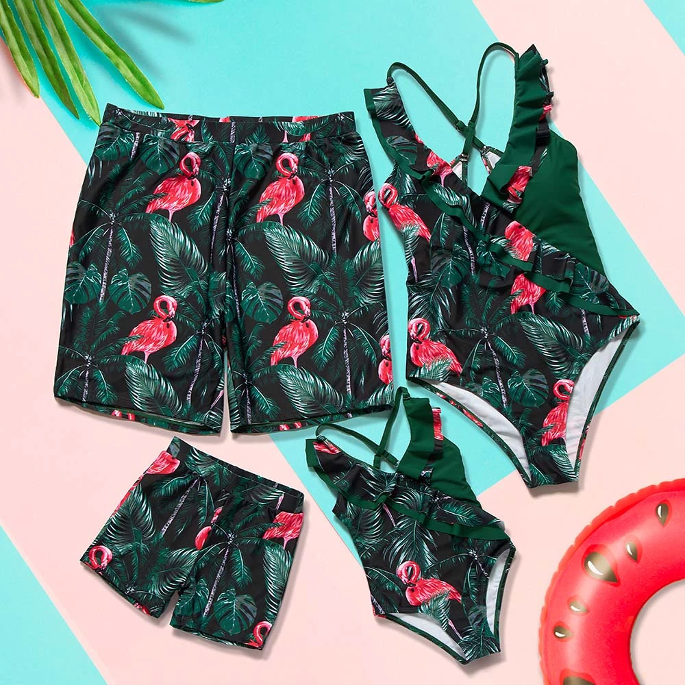 Flamingo Family Matching Swimsuits Outfits Mother Daughter Swimwear Mommy and Me Bikini Dresses Clothes Dad Son Swimming Shorts matching family fall outfits