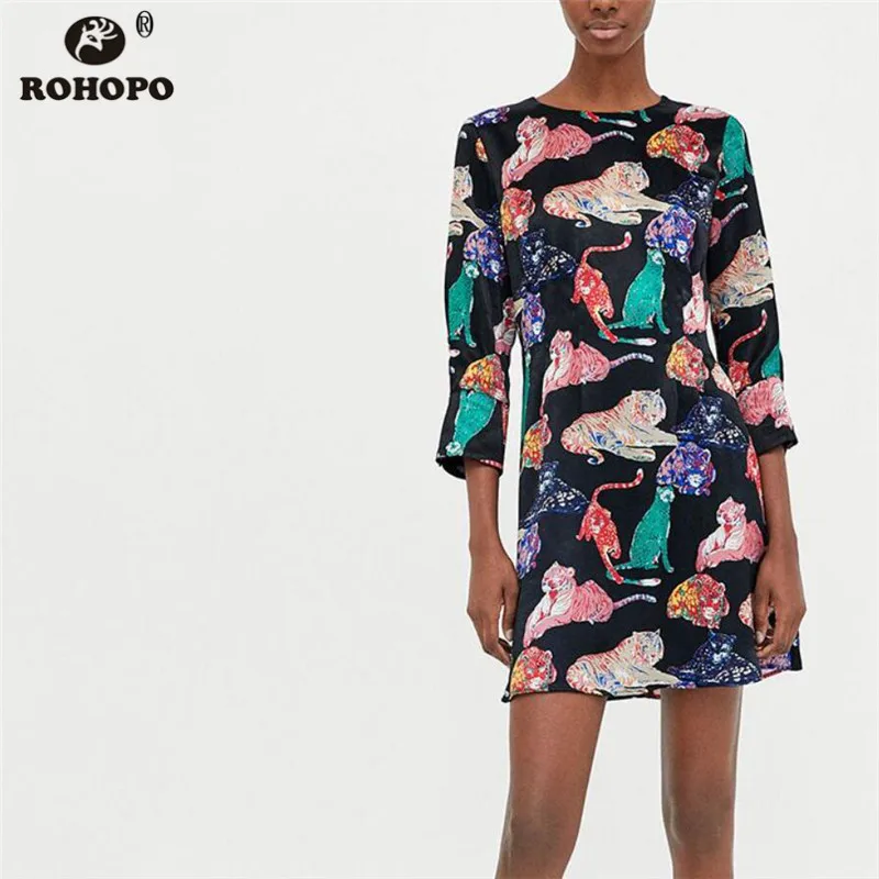 

ROHOPO Round Collar Three Quarter Sleeve Cartoon Mini Dress Neck Back Zipper Closure Animal Printed Autumn Robe #2202