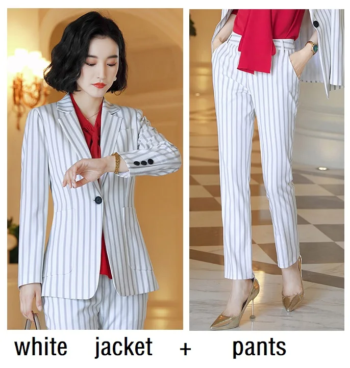 white jacket pants Женские костюмы, тонкая осенняя куртка в полоску, брюки, комплект из 2 предметов, Деловые женские брючные костюмы, женские костюмы, 9338 - Цвет: white jacket pants